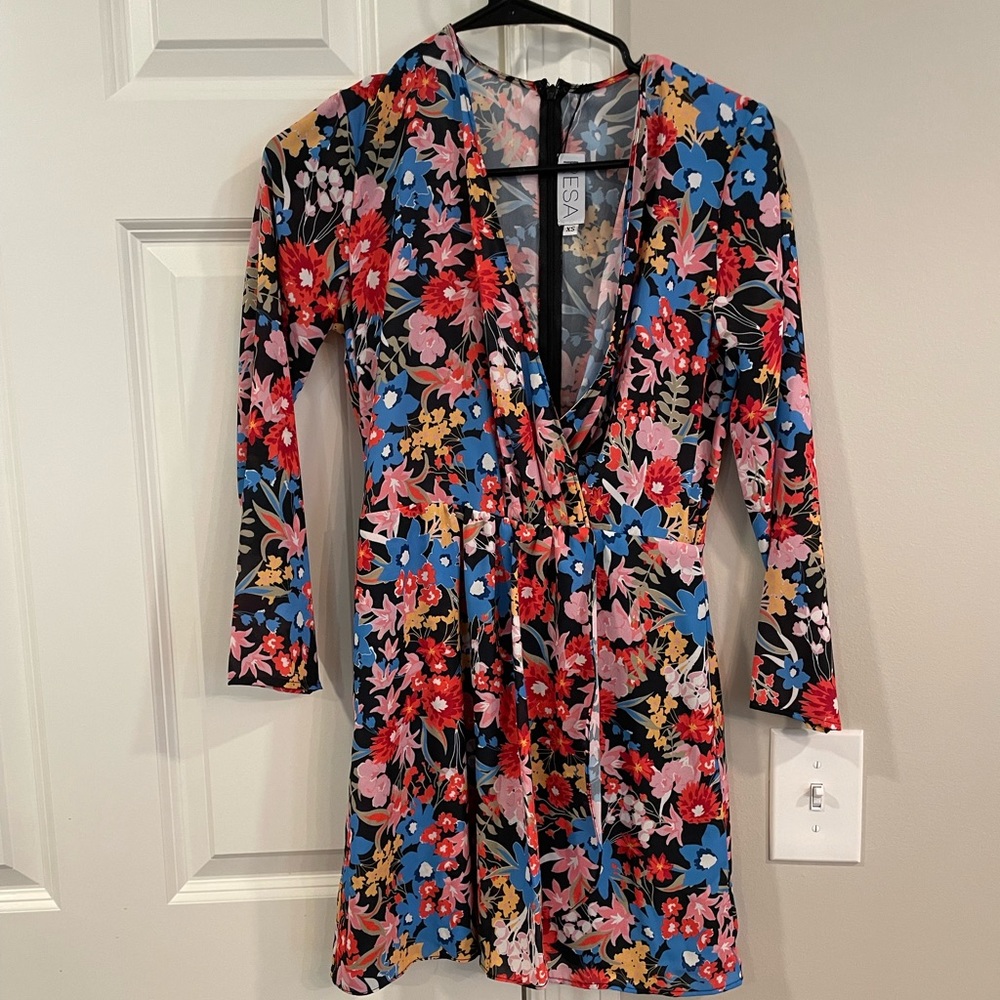 RESA Iris Wrap Allover Unique Floral with Big Bow Detail Bow Mini Dress in Black